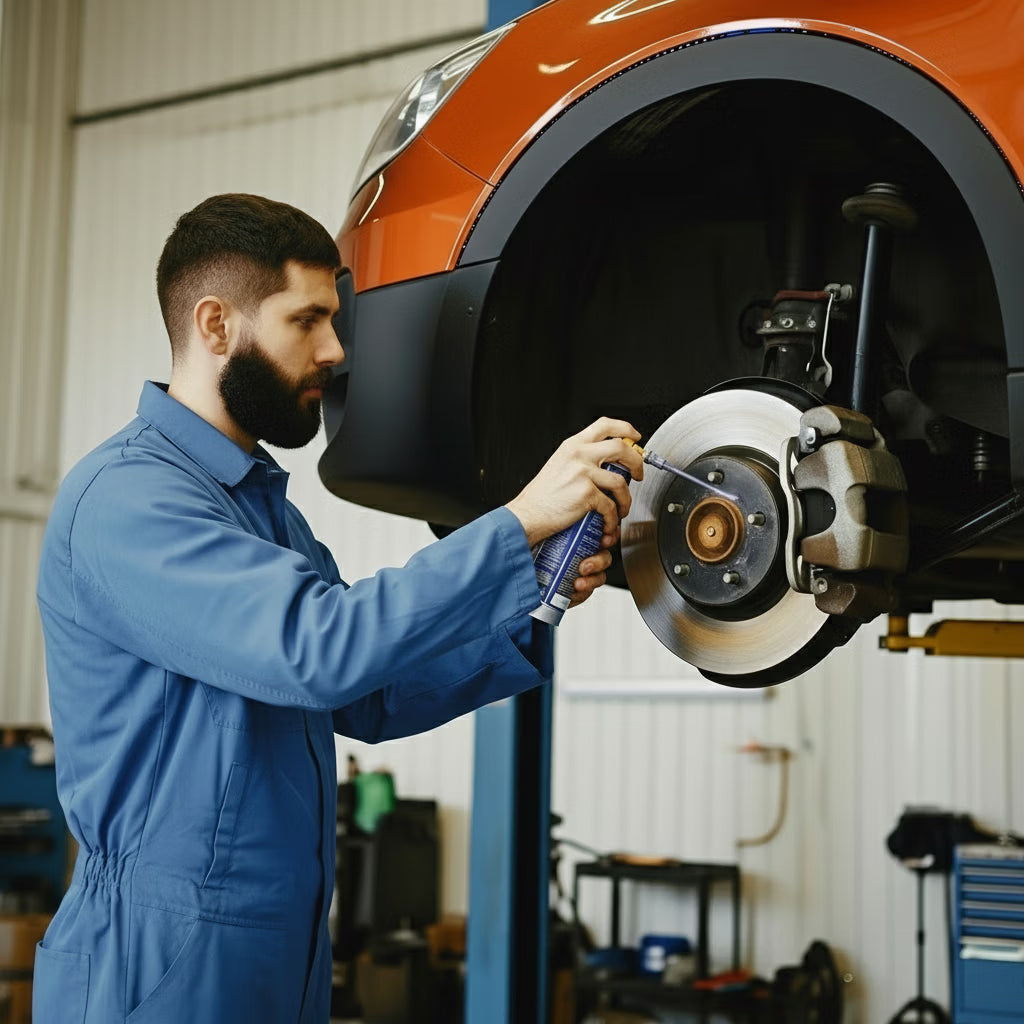 Gros plan sur un mécanicien pulvérisant du nettoyant frein en aérosol directement sur le disque de frein et l'étrier d'une voiture orange en cours d'entretien dans un garage.