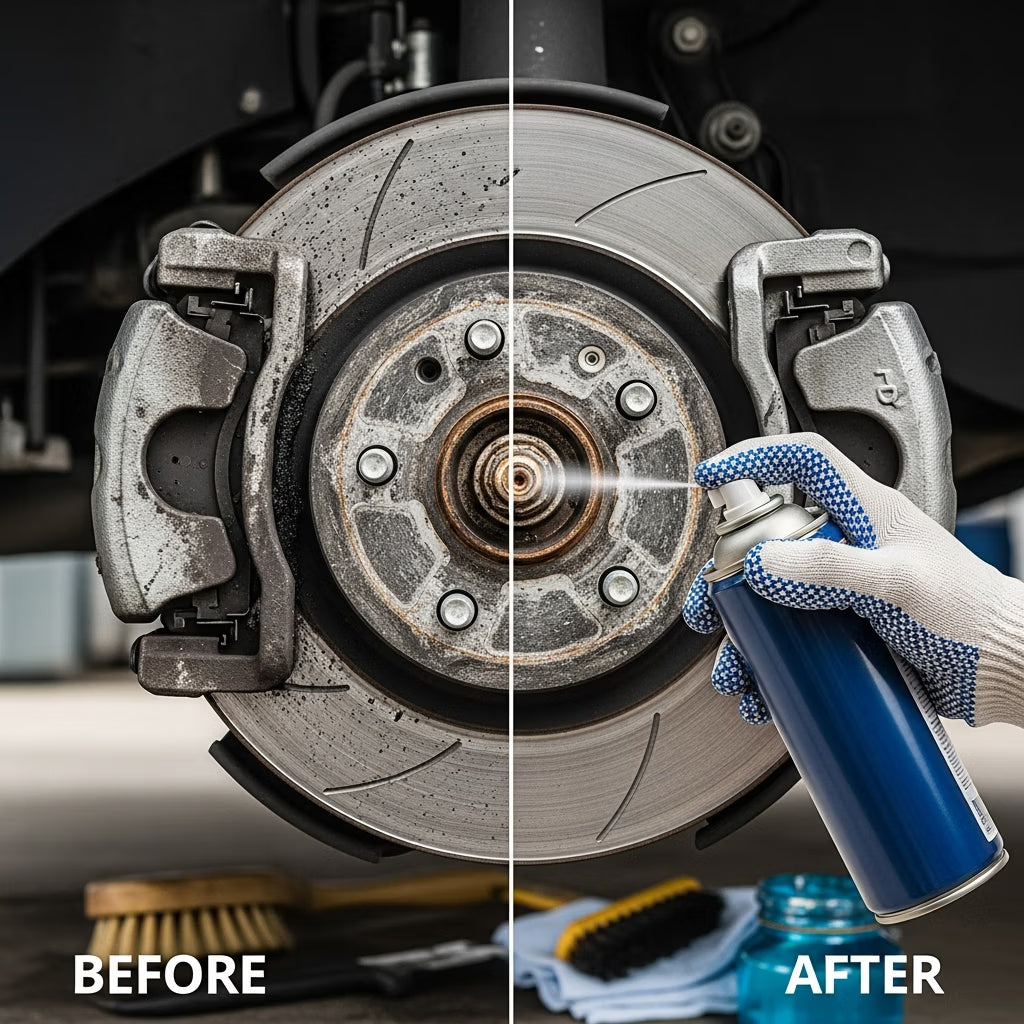 Montage Avant/Après de l'efficacité d'un nettoyant frein : un disque de frein et étrier sales et encrassés comparés au même système propre et brillant, avec le produit en cours de pulvérisation.