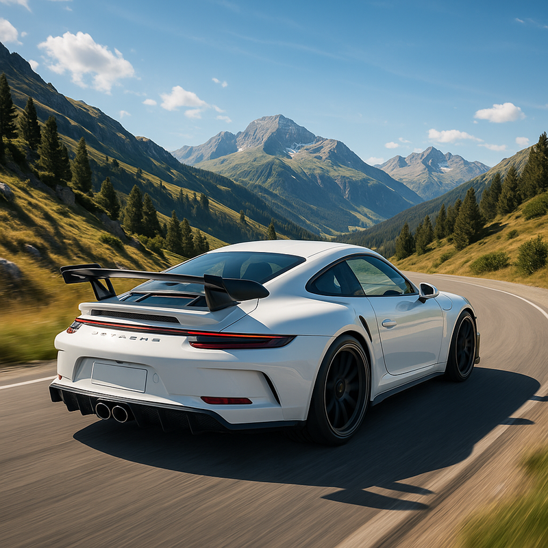 Une Porsche 911 GT3 blanche vue de l'arrière, conduisant sur une route sinueuse au milieu d'un paysage de montagne spectaculaire.