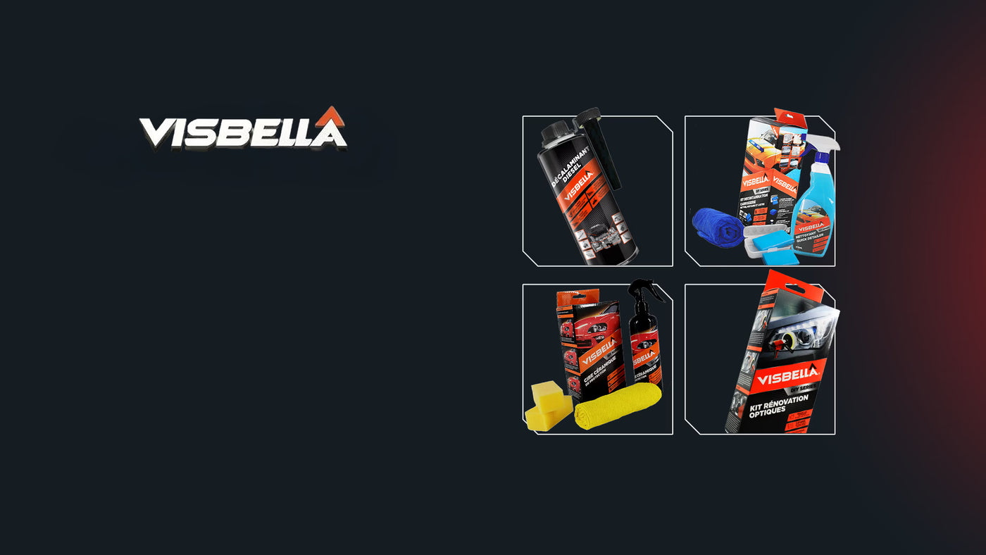 Gamme de produits d'entretien automobile de la marque Visbella, présentant un kit de rénovation de phares, un kit de polissage, un nettoyant en spray et un traitement pour vitres.