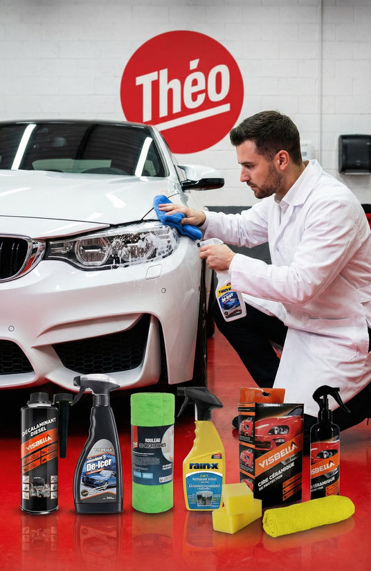 Un technicien en blouse blanche nettoie le phare d'une BMW blanche dans un garage avec le logo rouge 'Théo' sur le mur. Au premier plan, une sélection de produits d'entretien automobile des marques Visbella et Rain-X, ainsi que des chiffons microfibres et des éponges, sont disposés sur un sol rouge brillant.